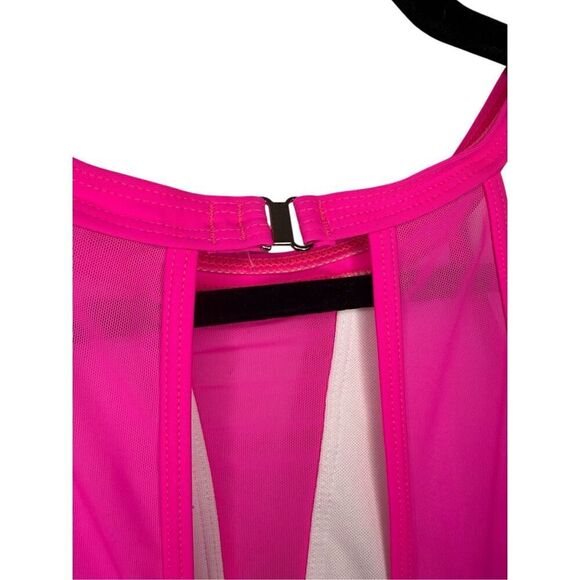 Women’s Medium One Piece Swimsuit Fuchsia Pink High Neck Mesh NEW - Picture 7 of 8
